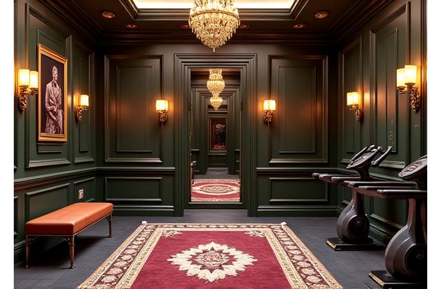 Luxury traditional home gym with dark wood paneling, classic design, and sophisticated equipment