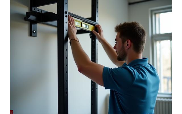 Technician performing a safety check on a wall-mounted pull-up bar in a modern apartment gym, using a level and torque wrench.